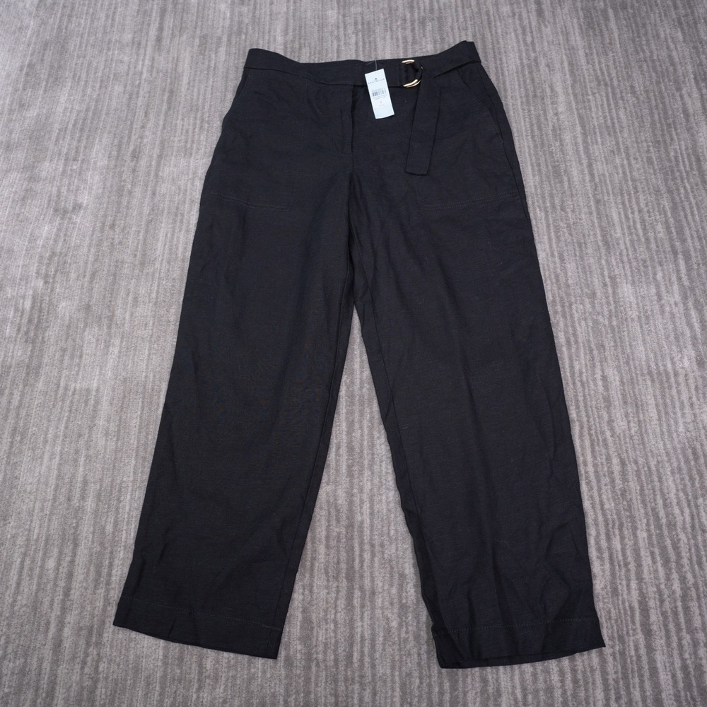 Ann Taylor Trousers Womens 6P Black New Linen Blend Belted Wide Leg Pants